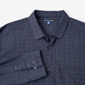Vince Camuto Button Down Mens XL Navy Blue Textured Micro-Dot Red Office Preppy